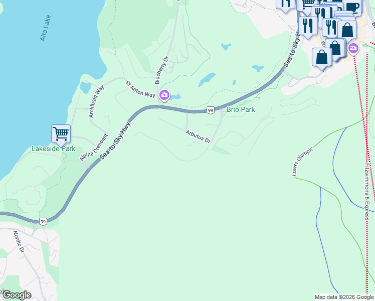 map of restaurants, bars, coffee shops, grocery stores, and more near 3218 Juniper Place in Whistler