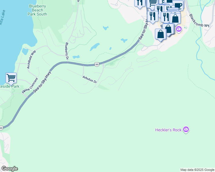 map of restaurants, bars, coffee shops, grocery stores, and more near 3806 Sunridge Place in Whistler