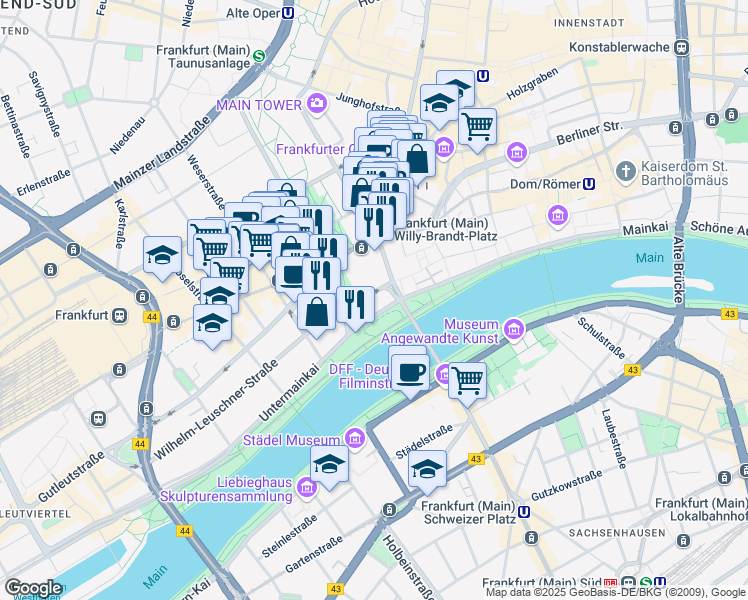 map of restaurants, bars, coffee shops, grocery stores, and more near 5 Hofstraße in Frankfurt am Main