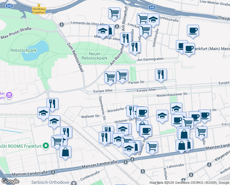 map of restaurants, bars, coffee shops, grocery stores, and more near 140 Europa-Allee in Frankfurt am Main
