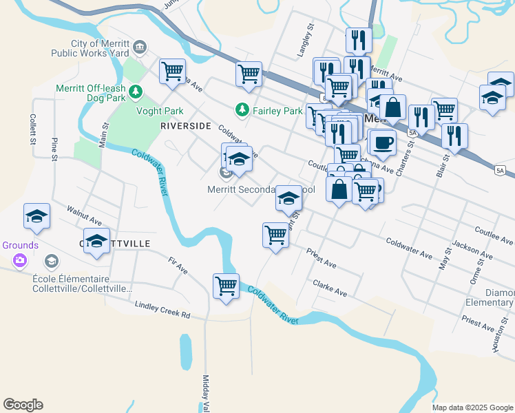 map of restaurants, bars, coffee shops, grocery stores, and more near 1500 River Street in Merritt