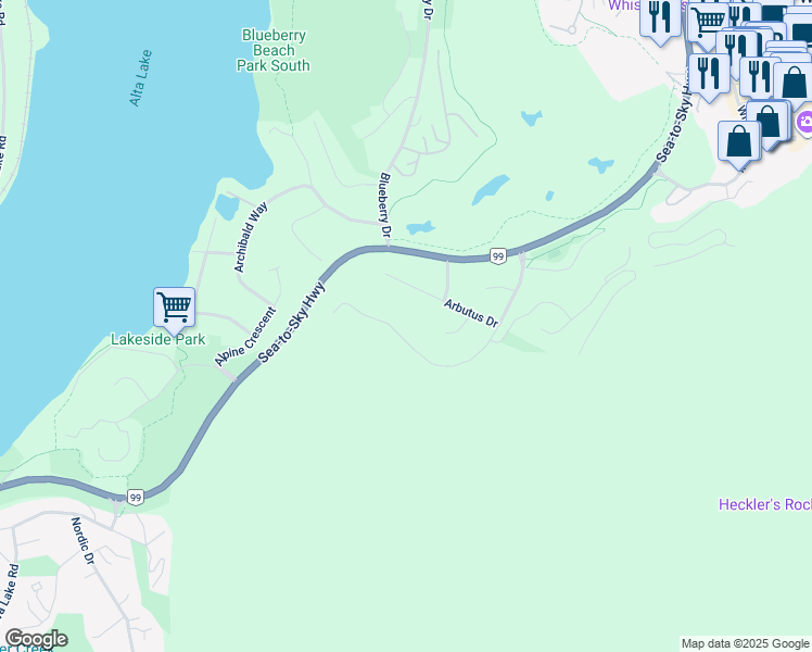 map of restaurants, bars, coffee shops, grocery stores, and more near 3353 Panorama Ridge in Whistler