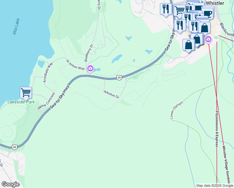 map of restaurants, bars, coffee shops, grocery stores, and more near 3205 Arbutus Drive in Whistler