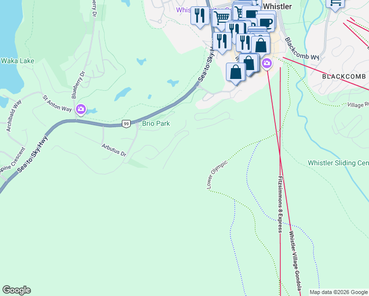 map of restaurants, bars, coffee shops, grocery stores, and more near 3833 Sunridge Drive in Whistler