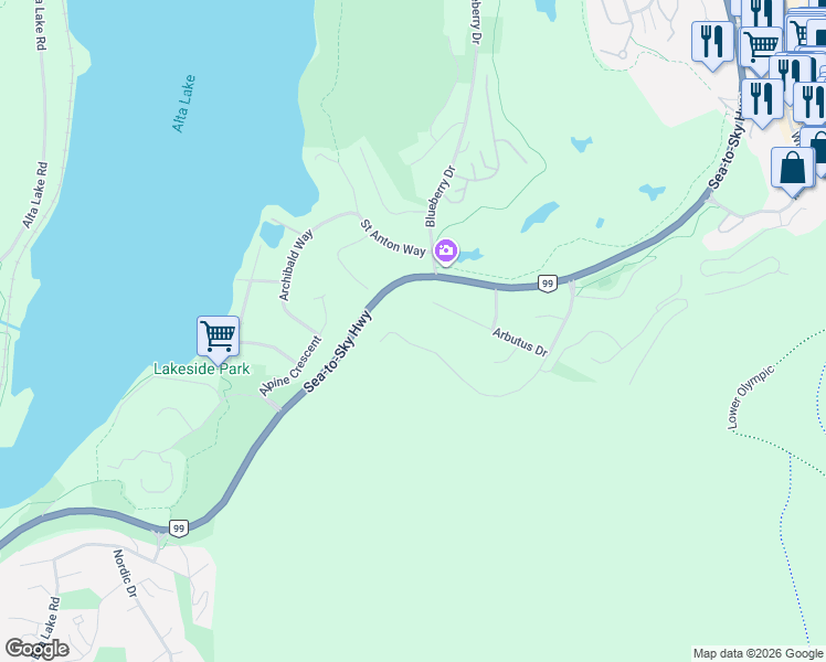 map of restaurants, bars, coffee shops, grocery stores, and more near 3381 Panorama Ridge in Whistler