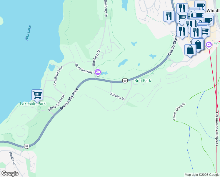 map of restaurants, bars, coffee shops, grocery stores, and more near 3005 Brio Entrance in Whistler
