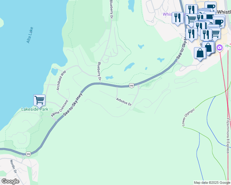 map of restaurants, bars, coffee shops, grocery stores, and more near 3005 Brio Entrance in Whistler