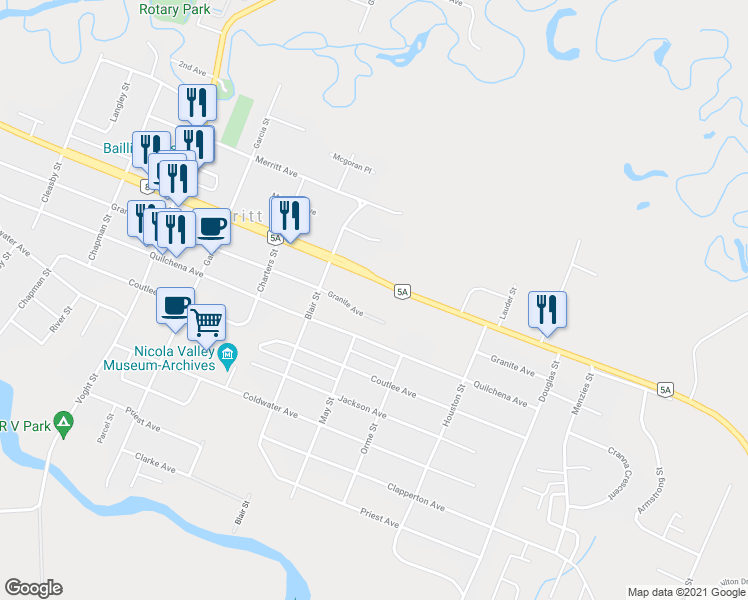 map of restaurants, bars, coffee shops, grocery stores, and more near 2315 Granite Avenue in Merritt