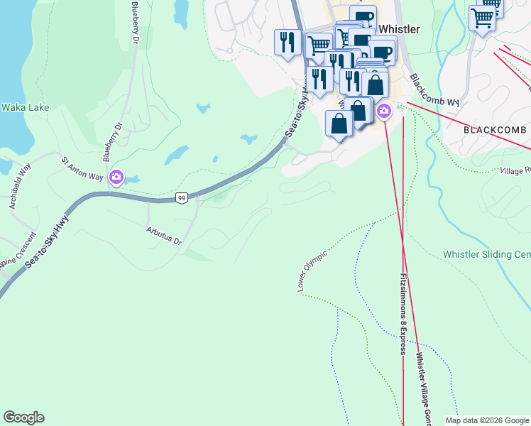 map of restaurants, bars, coffee shops, grocery stores, and more near 3820 Sunridge Drive in Whistler