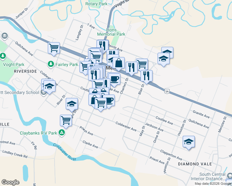 map of restaurants, bars, coffee shops, grocery stores, and more near 2164 Quilchena Avenue in Merritt