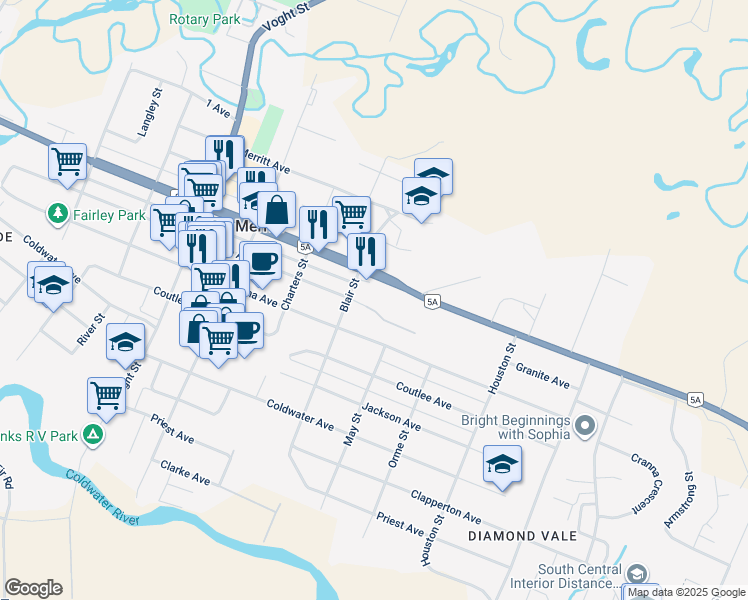 map of restaurants, bars, coffee shops, grocery stores, and more near 2345 Granite Avenue in Merritt