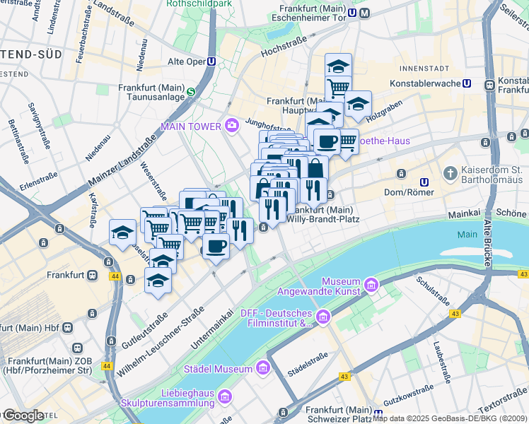 map of restaurants, bars, coffee shops, grocery stores, and more near 29 Kaiserstraße in Frankfurt