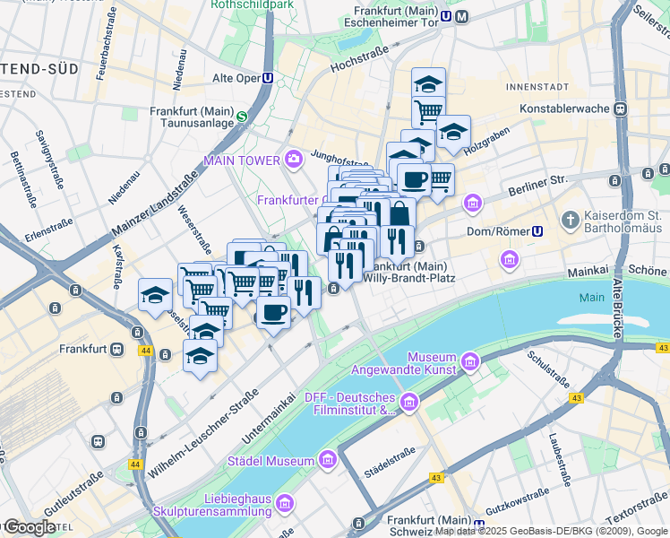 map of restaurants, bars, coffee shops, grocery stores, and more near 29 Kaiserstraße in Frankfurt