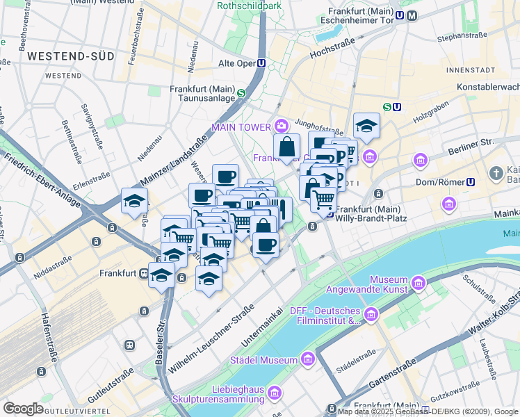 map of restaurants, bars, coffee shops, grocery stores, and more near 7 Gallusanlage in Frankfurt