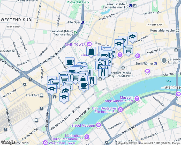 map of restaurants, bars, coffee shops, grocery stores, and more near 7 Gallusanlage in Frankfurt am Main
