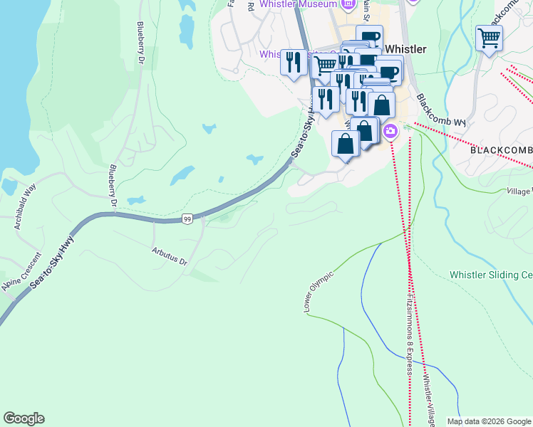 map of restaurants, bars, coffee shops, grocery stores, and more near 3853 Sunridge Court in Whistler