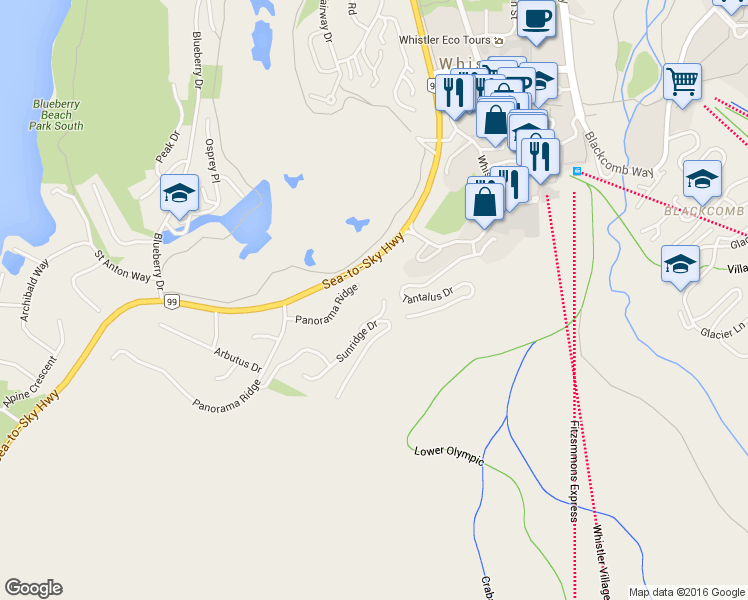 map of restaurants, bars, coffee shops, grocery stores, and more near 3853 Sunridge Court in Whistler
