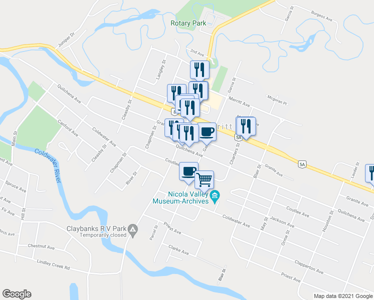 map of restaurants, bars, coffee shops, grocery stores, and more near Quilchena Avenue in Merritt