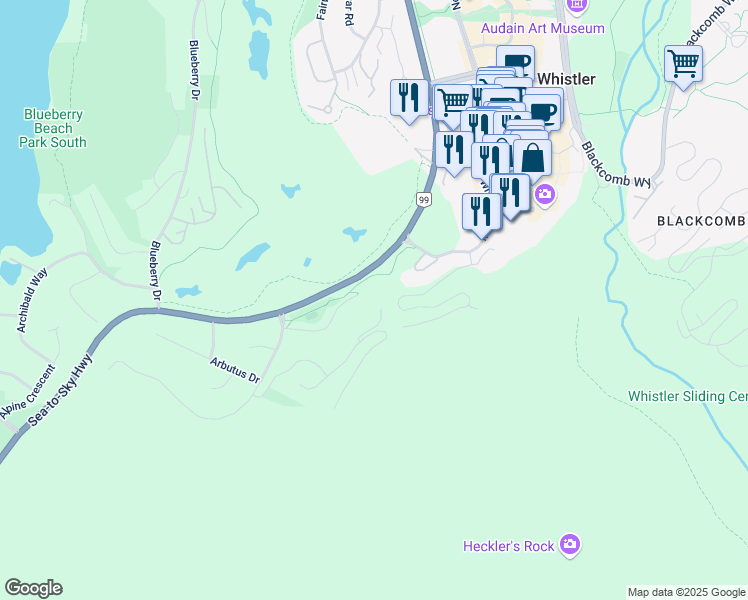 map of restaurants, bars, coffee shops, grocery stores, and more near 3855 Sunridge Court in Whistler