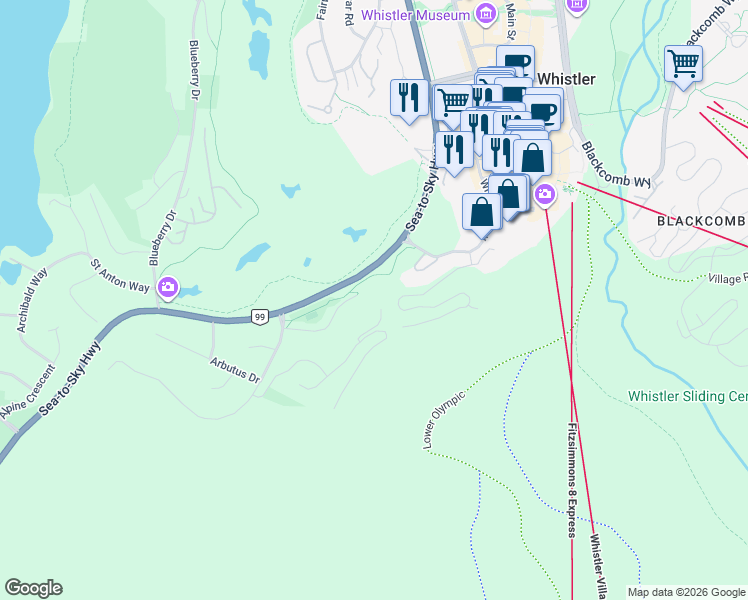 map of restaurants, bars, coffee shops, grocery stores, and more near 3855 Sunridge Court in Whistler