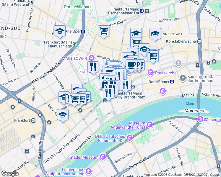 map of restaurants, bars, coffee shops, grocery stores, and more near 9 Friedensstraße in Frankfurt am Main