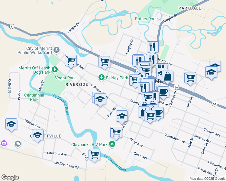 map of restaurants, bars, coffee shops, grocery stores, and more near 1801 Chapman Street in Merritt