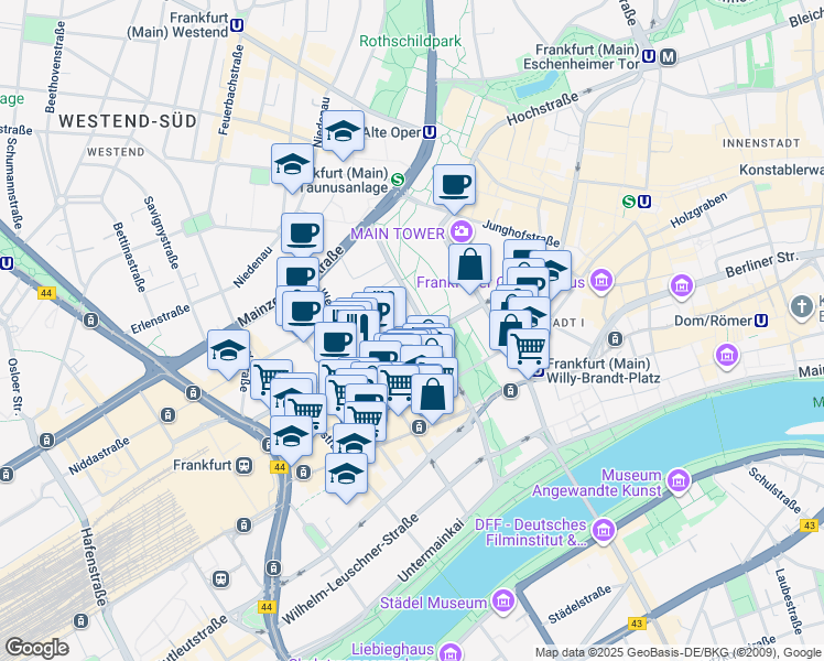 map of restaurants, bars, coffee shops, grocery stores, and more near 1 Taunusanlage in Frankfurt am Main