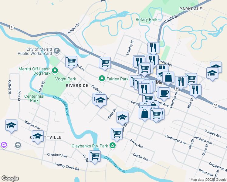 map of restaurants, bars, coffee shops, grocery stores, and more near 1801 Chapman Street in Merritt