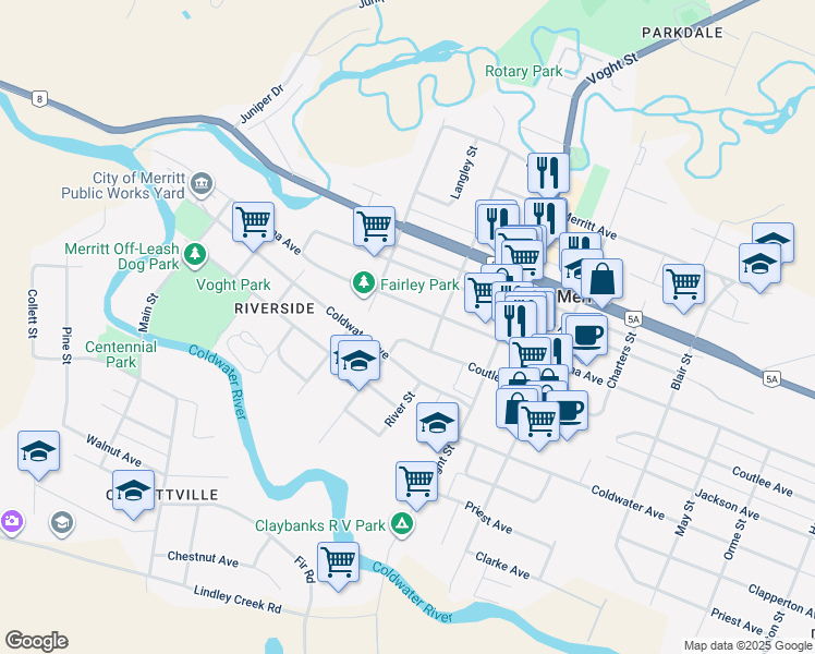map of restaurants, bars, coffee shops, grocery stores, and more near 1801 Chapman Street in Merritt