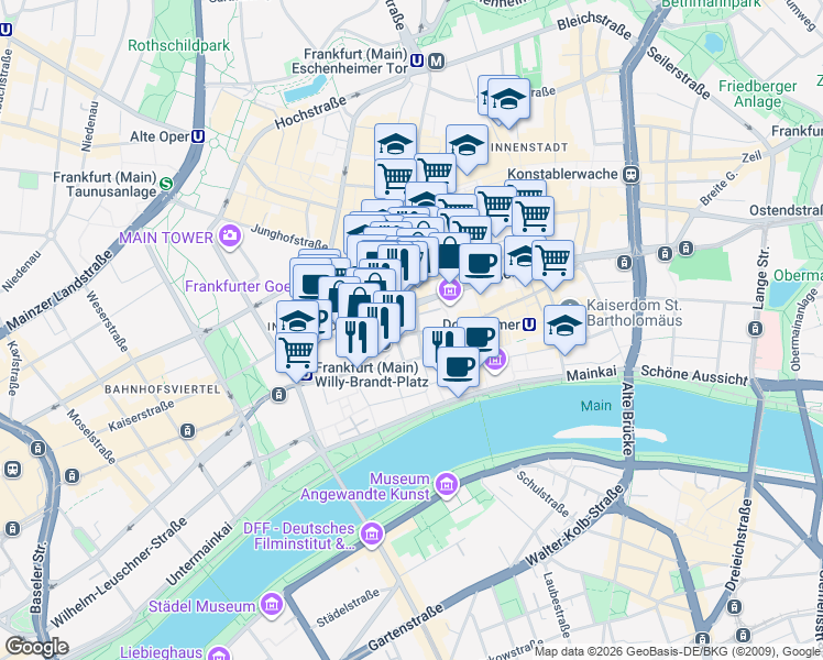 map of restaurants, bars, coffee shops, grocery stores, and more near 6 Bethmannstraße in Frankfurt am Main