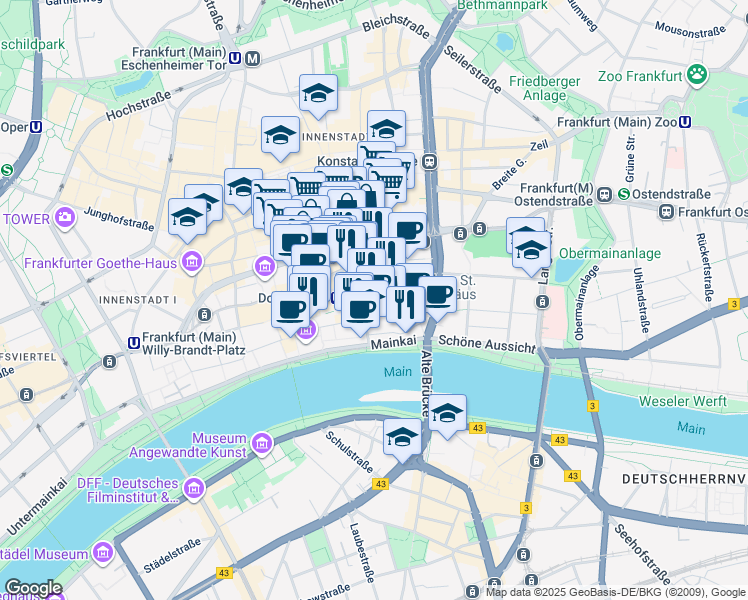 map of restaurants, bars, coffee shops, grocery stores, and more near 1 Domplatz in Frankfurt am Main