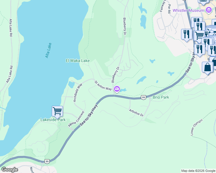 map of restaurants, bars, coffee shops, grocery stores, and more near 3031 Saint Anton Way in Whistler