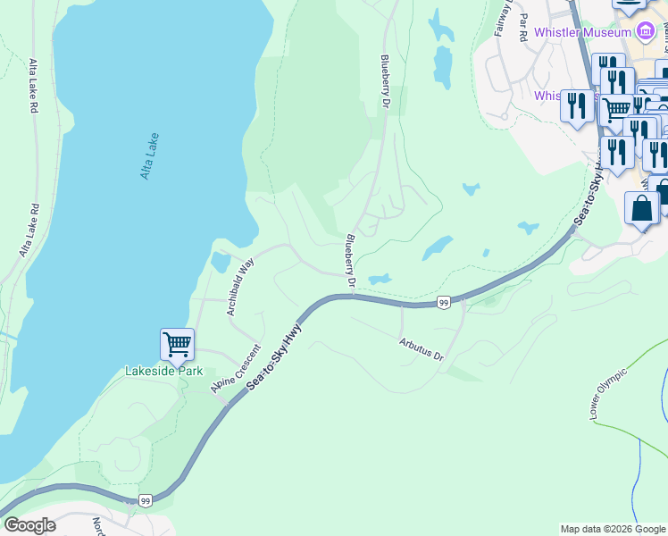 map of restaurants, bars, coffee shops, grocery stores, and more near 3031 Saint Anton Way in Whistler