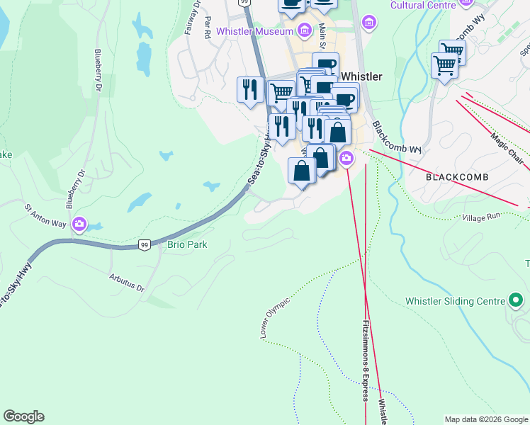 map of restaurants, bars, coffee shops, grocery stores, and more near 4200 Whistler Way in Whistler