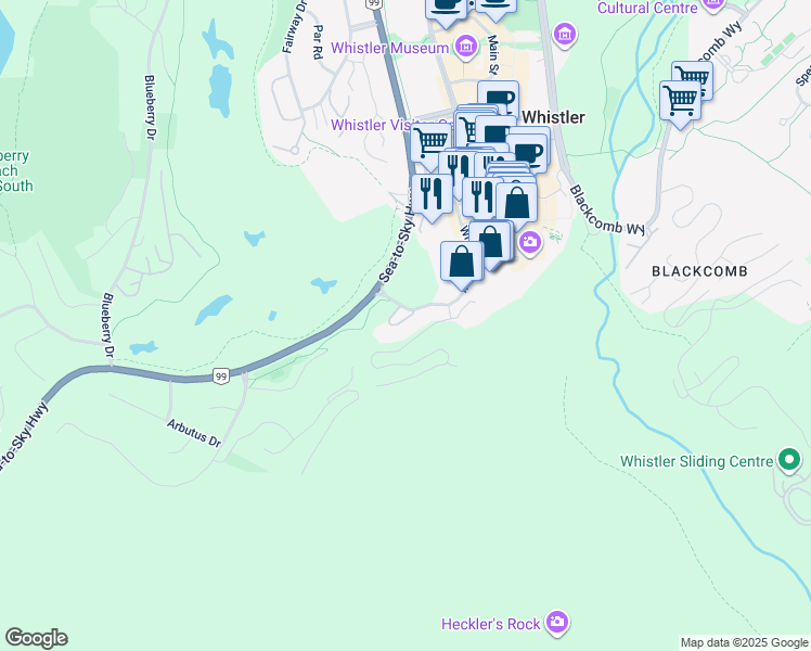 map of restaurants, bars, coffee shops, grocery stores, and more near 4200 Whistler Way in Whistler