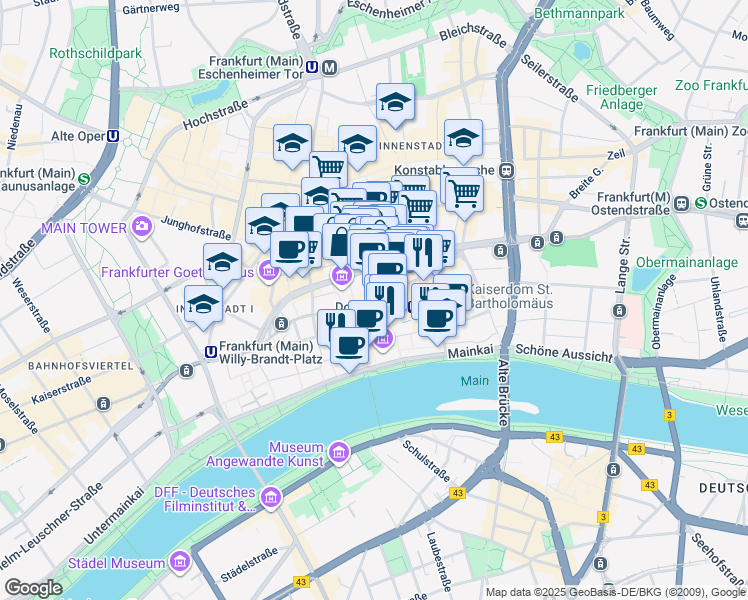 map of restaurants, bars, coffee shops, grocery stores, and more near in Frankfurt