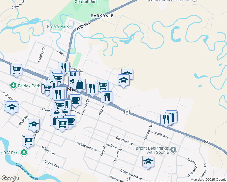 map of restaurants, bars, coffee shops, grocery stores, and more near 2290 Blair Street in Merritt