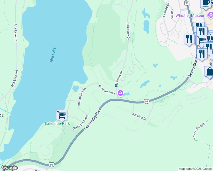 map of restaurants, bars, coffee shops, grocery stores, and more near 3114 Saint Moritz Crescent in Whistler