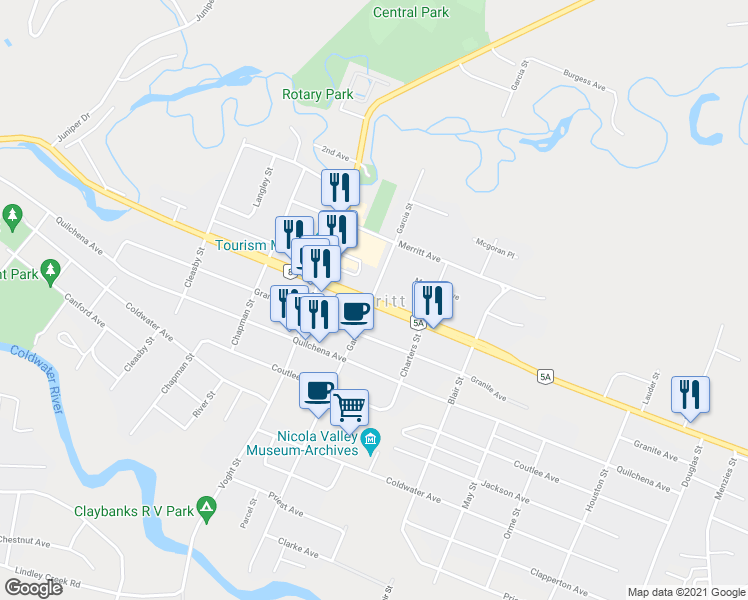 map of restaurants, bars, coffee shops, grocery stores, and more near 2101 Nicola Avenue in Merritt