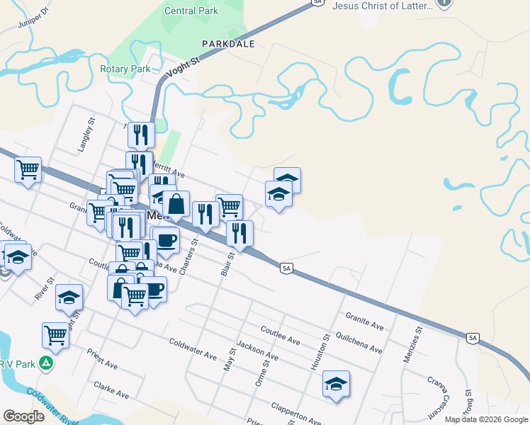 map of restaurants, bars, coffee shops, grocery stores, and more near 2295 Blair Street in Merritt