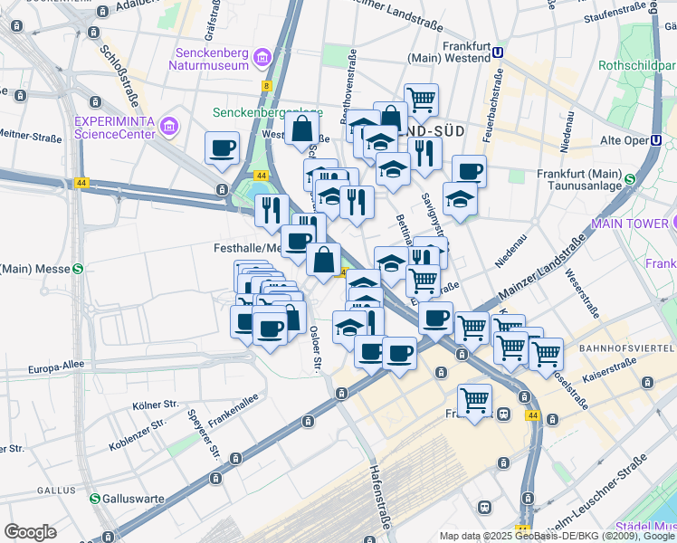 map of restaurants, bars, coffee shops, grocery stores, and more near 37 Friedrich-Ebert-Anlage in Frankfurt