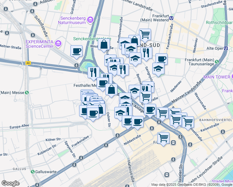 map of restaurants, bars, coffee shops, grocery stores, and more near 37 Friedrich-Ebert-Anlage in Frankfurt