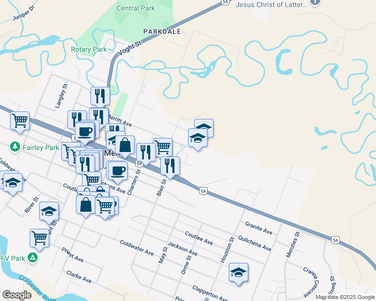 map of restaurants, bars, coffee shops, grocery stores, and more near 2295 Blair Street in Merritt
