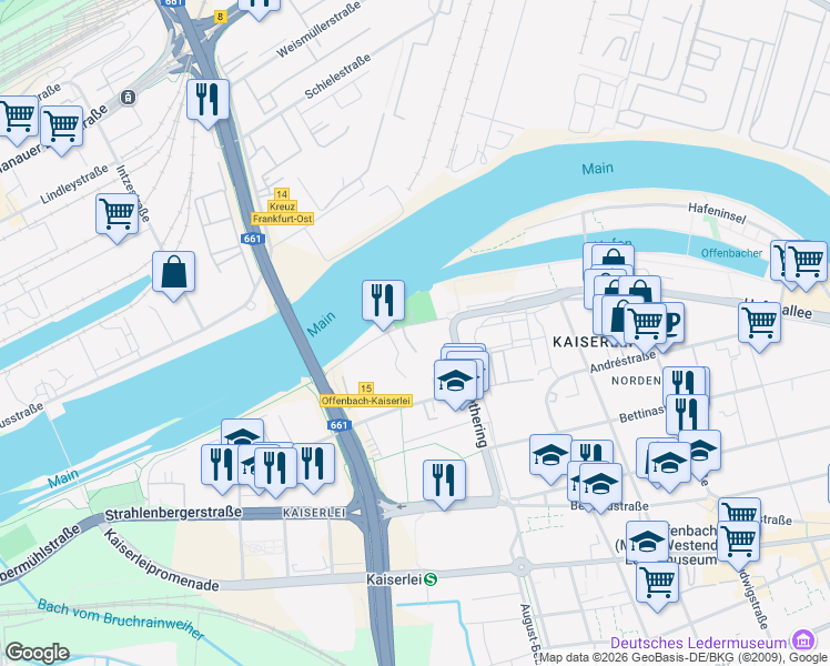 map of restaurants, bars, coffee shops, grocery stores, and more near 144 Nordring in Offenbach am Main
