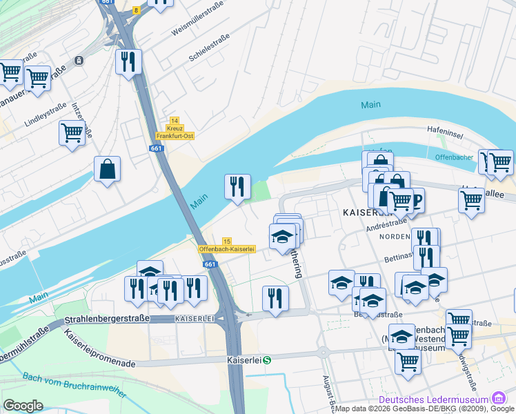 map of restaurants, bars, coffee shops, grocery stores, and more near 144 Nordring in Offenbach am Main