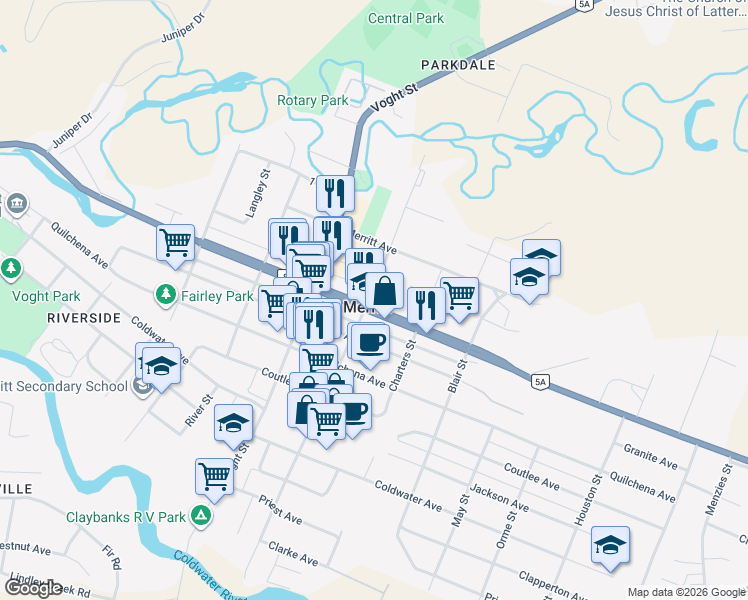 map of restaurants, bars, coffee shops, grocery stores, and more near 2101 Nicola Avenue in Merritt