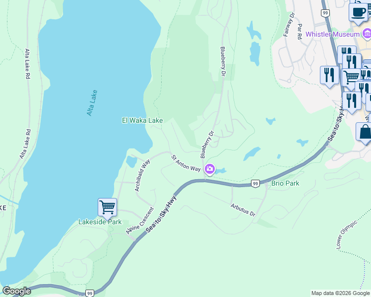 map of restaurants, bars, coffee shops, grocery stores, and more near 3123 Saint Moritz Crescent in Whistler