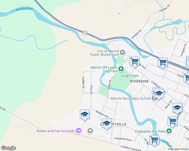 map of restaurants, bars, coffee shops, grocery stores, and more near 1404 Pine Street in Merritt