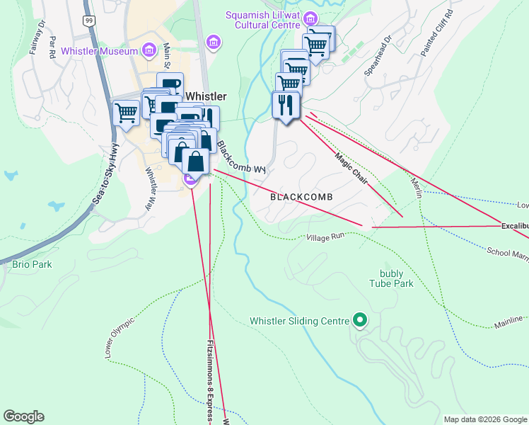 map of restaurants, bars, coffee shops, grocery stores, and more near 4705 Glacier Drive in Whistler