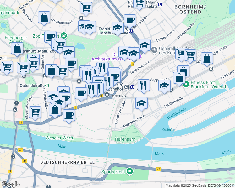 map of restaurants, bars, coffee shops, grocery stores, and more near 4 Grusonstraße in Frankfurt am Main